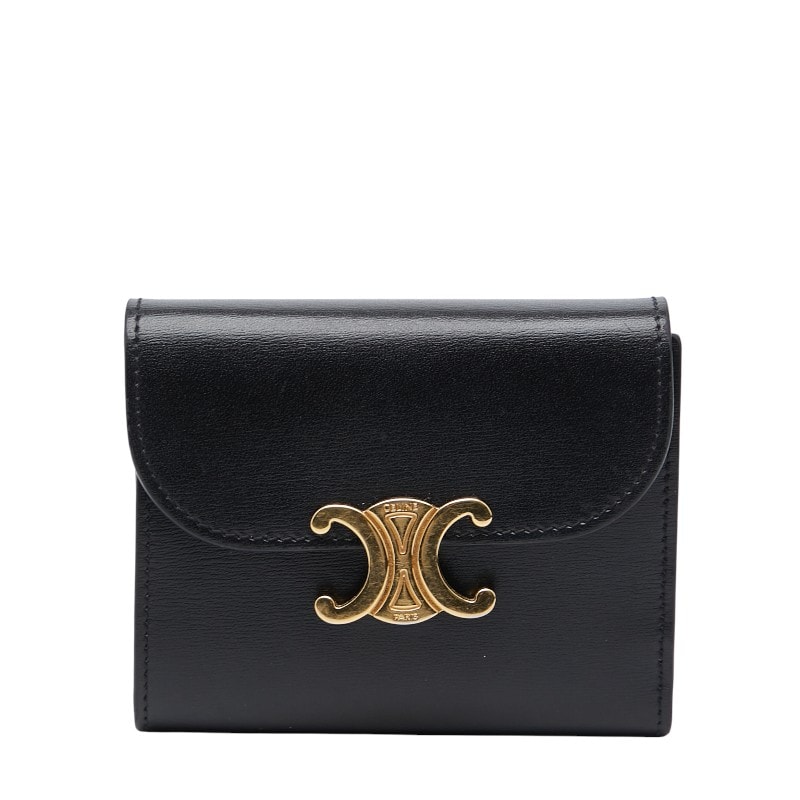 セリーヌ トリオンフ 三つ折り財布 ブラック レザー レディース CELINE 【中古】