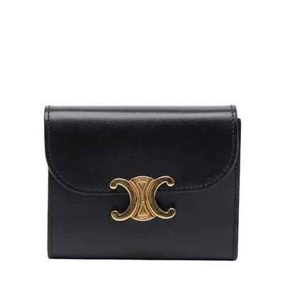 セリーヌ トリオンフ 三つ折り財布 ブラック レザー レディース CELINE 【中古】
