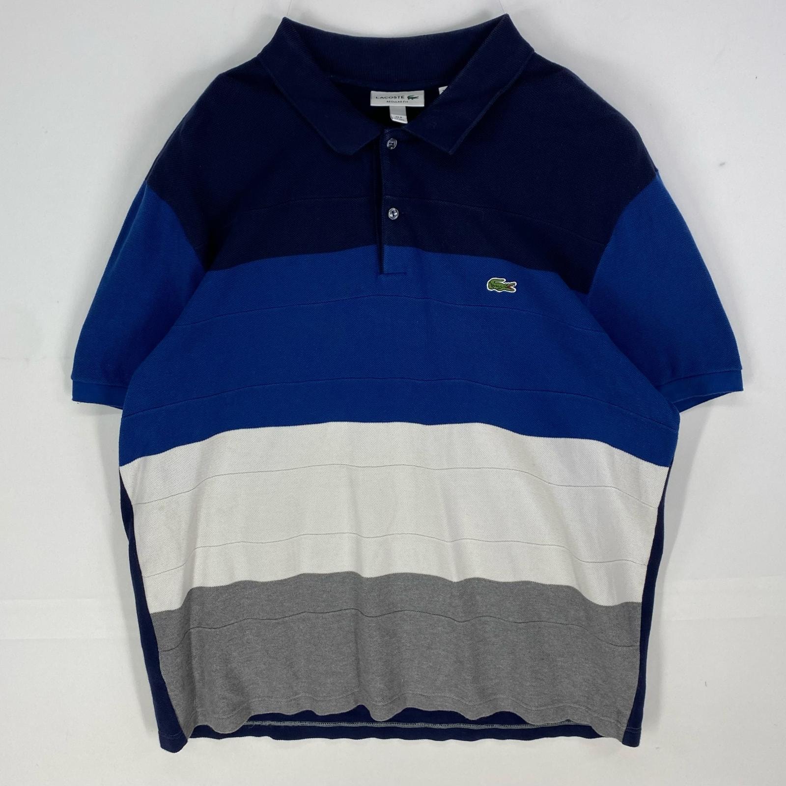 古着 ラコステ LACOSTE 鹿の子 半袖シャツ ワンポイント ロゴワッペン ポロシャツ 3XL  ネイビー系 ボーダー メンズ