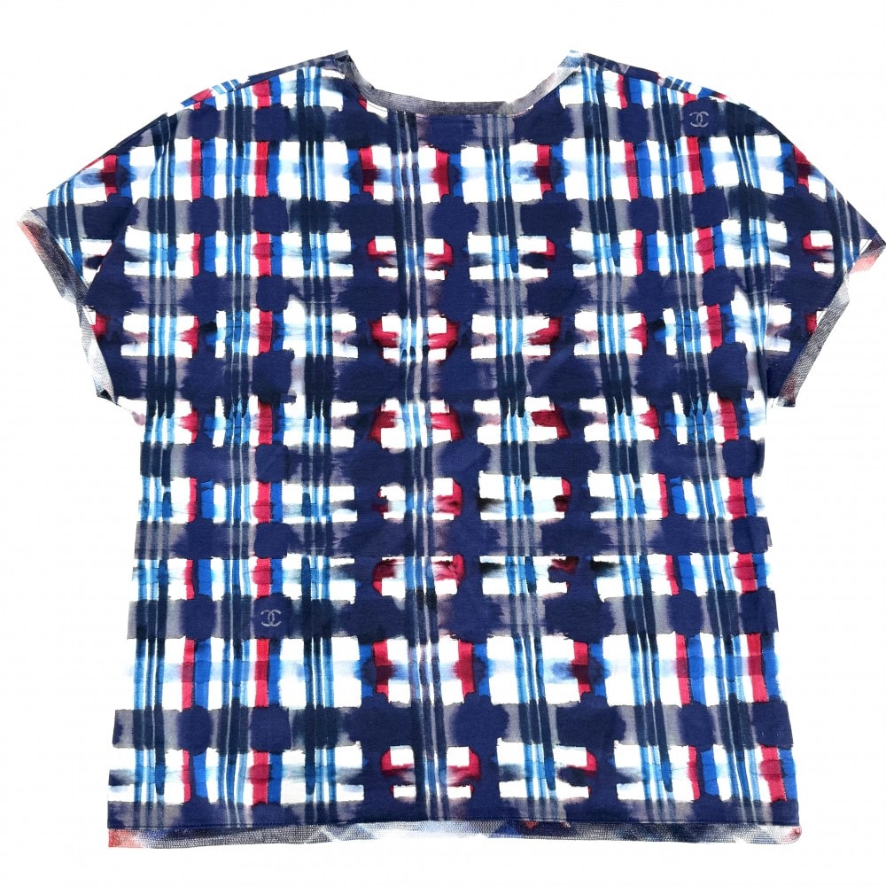CHANEL シャネル 半袖シャツ チェック トップス レース ココマーク 服 アパレル 34 ブルー 青 ホワイト 白 コットン    レディース 夏 美品【中古品】