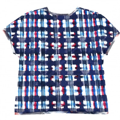 CHANEL シャネル 半袖シャツ チェック トップス レース ココマーク 服 アパレル 34 ブルー 青 ホワイト 白 コットン レディース 夏 美品【中古品】