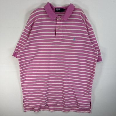 古着 90's/90年代 ポロバイラルフローレン Polo by Ralph Lauren 鹿の子 半袖 ポロシャツ ロゴ 刺繍 2ボタン 大きいサイズ XL ピンク系 ボーダー メンズ