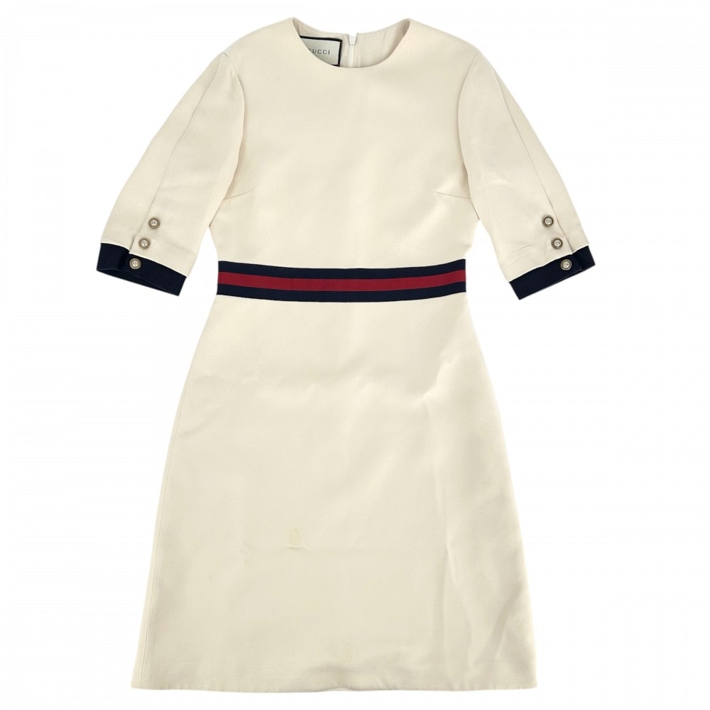 GUCCI グッチ ワンピース ウェブベルト GGボタン フレア アパレル 服 42 448541 ベージュ ウール シルク レディース【中古品】