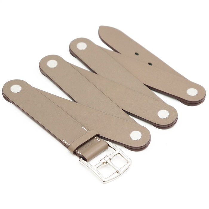 【未使用】HERMES エルメス 折り畳みレザーベルト サイズ 100 メンズ Etriviere エトリヴィエール クルードセル セリエボタン 小物 箱付属 グレージュ 灰色 O刻印 フランス製