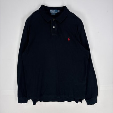 古着 ポロバイラルフローレン Polo by Ralph Lauren 鹿の子 長袖シャツ ワンポイント ポロシャツ ロゴ刺繍 XL ブラック系 メンズ