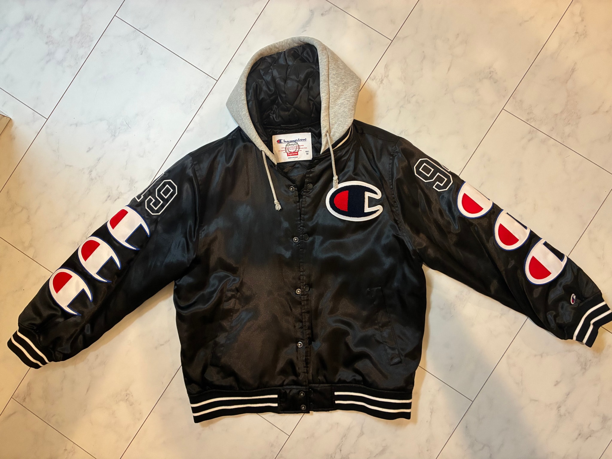 Supreme x Champion Hooded Satin Varsity Jacket "Black"