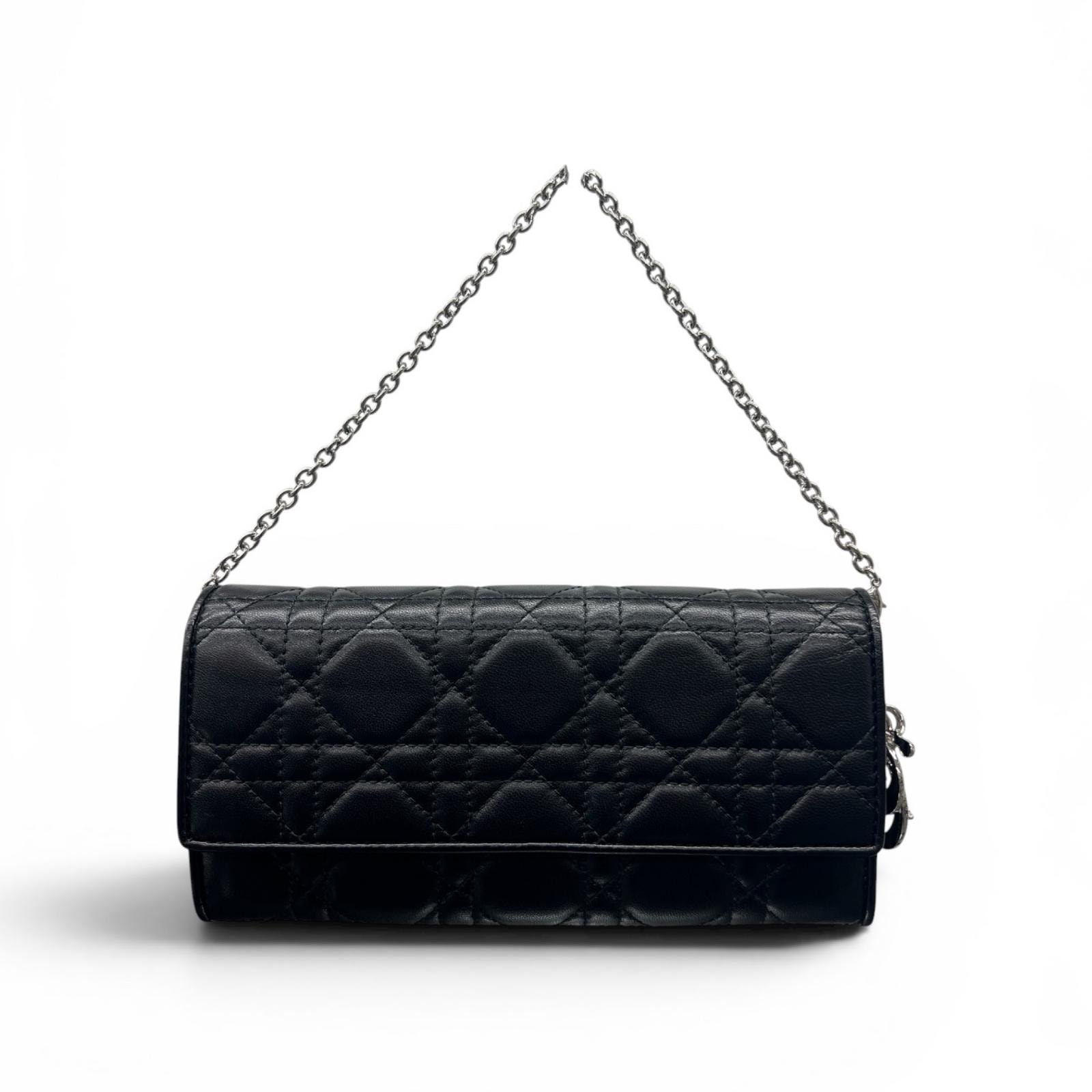 Christian Dior 極美品 ディオール カナージュ レディディオール チェーンウォレット 長財布 ラムスキン レザー ブラック ポシェット ハンドバッグ CD ロゴ クリスチャン Aランク 鑑定済 中古 ディオール財布
