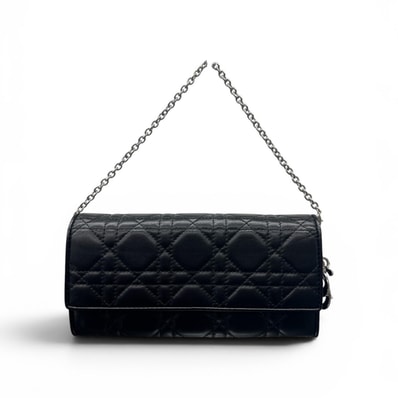 Christian Dior 極美品 ディオール カナージュ レディディオール チェーンウォレット 長財布 ラムスキン レザー ブラック ポシェット ハンドバッグ CD ロゴ クリスチャン Aランク 鑑定済 中古 ディオール財布