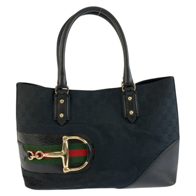 美品 GUCCI グッチ ホースビット シェリーライン ブラック 黒 ゴールド金具 GGキャンバス レザー/ トートバッグ ハンドバッグ 602804 【中古】