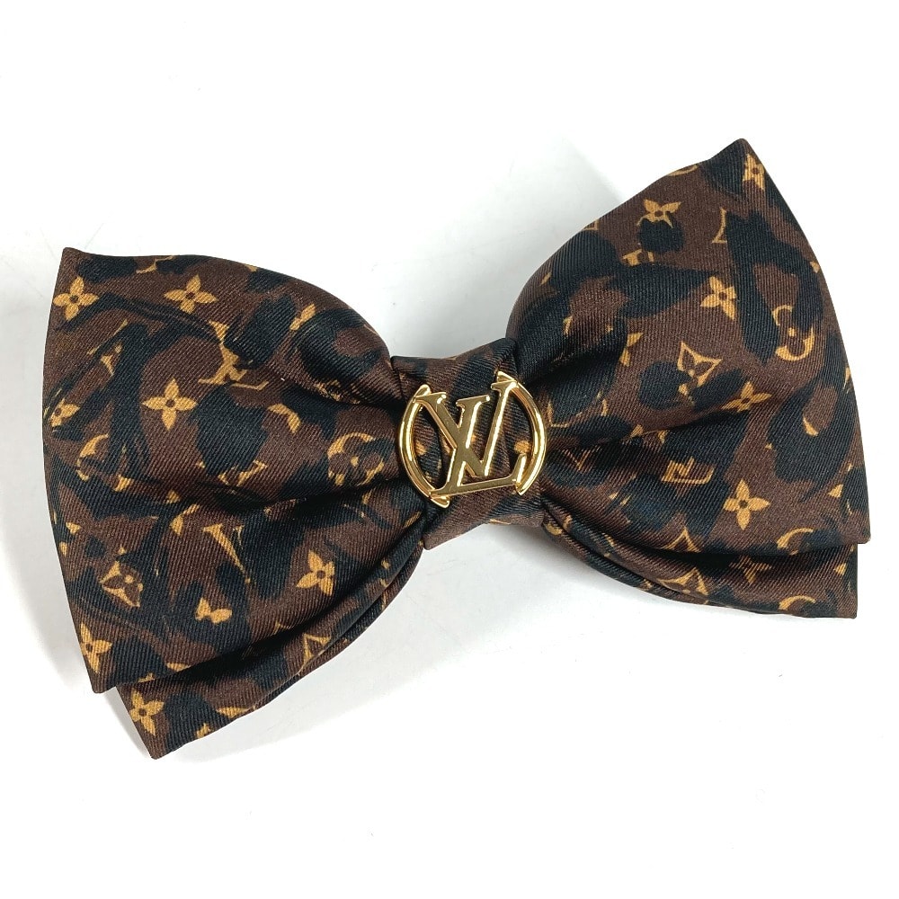 ルイヴィトン LOUIS VUITTON ヘアクリップ LV サファリ リボン M03607 レオパード ヒョウ 豹 ヘアアクセサリー 髪留め ピン バレッタ シルク ブラウン 美品