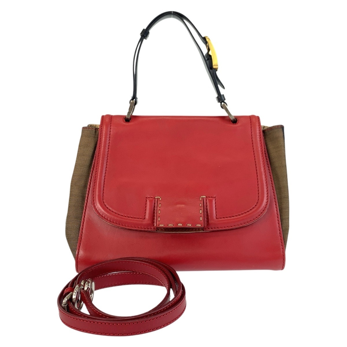 FENDI フェンディ ペカン シルヴァーナ レッド ブラウン レザー キャンバス/ ハンドバッグ ショルダーバッグ 2way 603022 【中古】