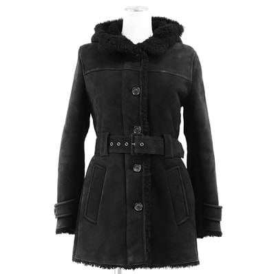 【美品】PRADA プラダ ムートンコート サイズ 38 レディース 2017年製 シープスキン パイピング ベルテッド フード アウター ベルト付属 ブラック 黒 イタリア製