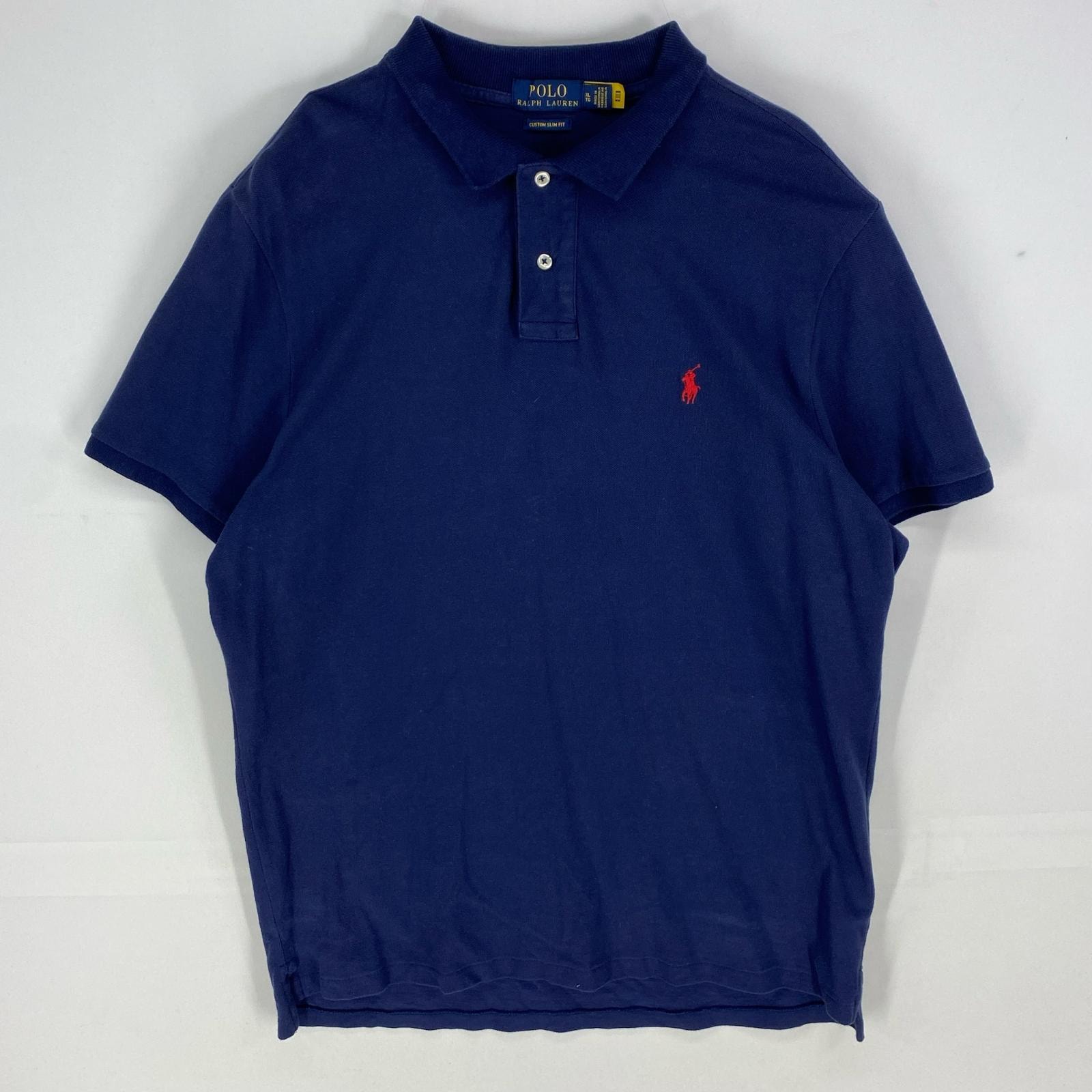 古着 ポロ・ラルフローレン POLO RALPH LAUREN 鹿の子 半袖シャツ ワンポイント ポロシャツ ロゴ刺繍 XL  ネイビー系 メンズ