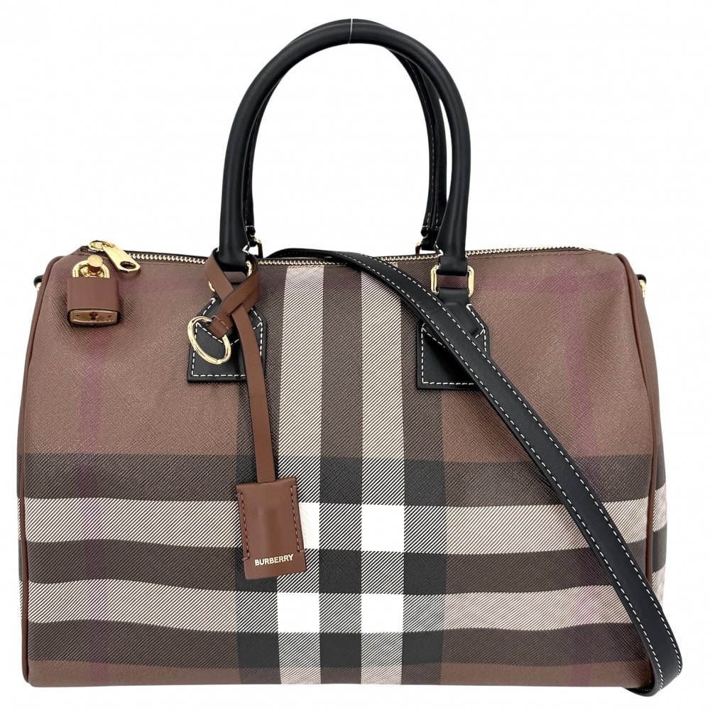 BURBERRY バーバリー 2WAY ミディアム チェック ボウリングバッグ ハンドバッグ ショルダーバッグ 肩掛け 斜め掛け ミニボストンバッグ レザー    ブラウン 茶 ブラック 黒 ゴールド金具 レディース【中古品】
