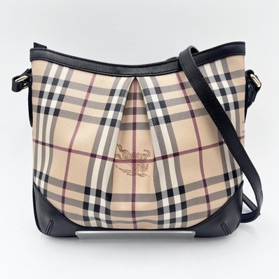 BURBERRY(バーバリー)ハーサム クロスボディバッグ ヘイマーケットチェック ベージュ系 コーテッドキャンバス レザー ゴールド金具 ショルダーバッグ レディース【中古】