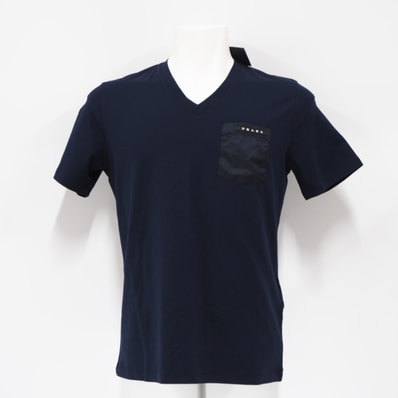 未使用 PRADA プラダ ラバーロゴ 半袖Tシャツ S SJN251 半袖シャツ ネイビー コットン ナイロン メンズ