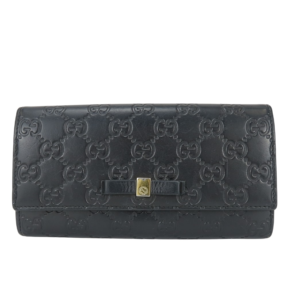 【中古】 グッチ 長財布(かぶせ蓋) リボン 388679 シマレザー ブラック ゴールド金具 グッチシマ 二つ折り レディース 女性 GUCCI