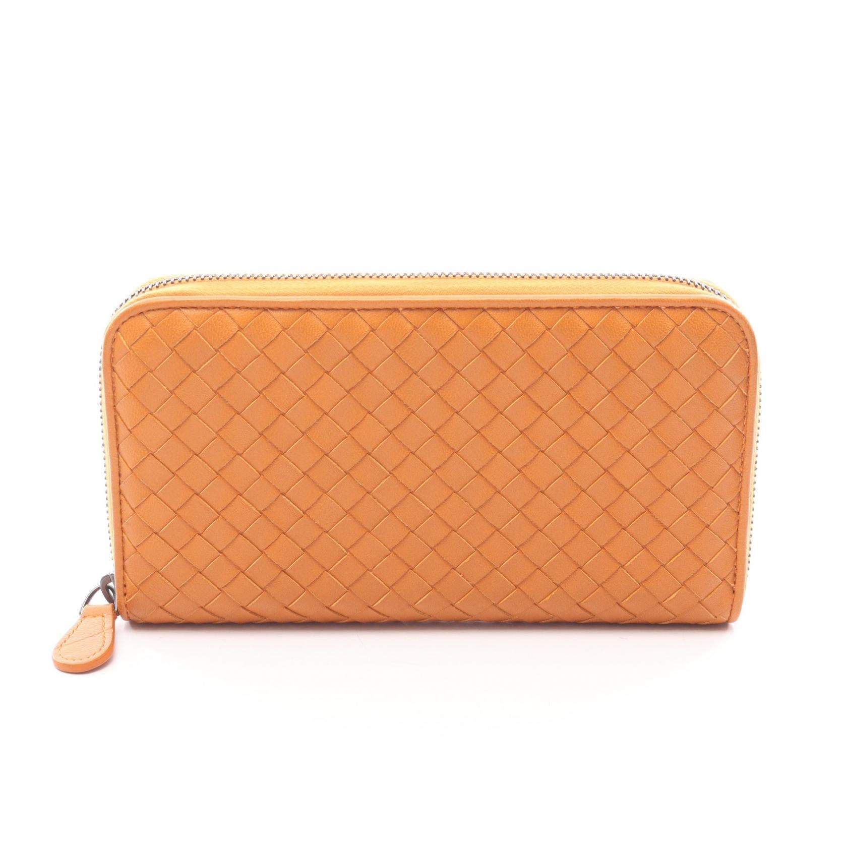 ボッテガヴェネタ BOTTEGA VENETA イントレチャート ラウンド長財布 財布 レザー メンズ レディース オレンジ系 【中古】