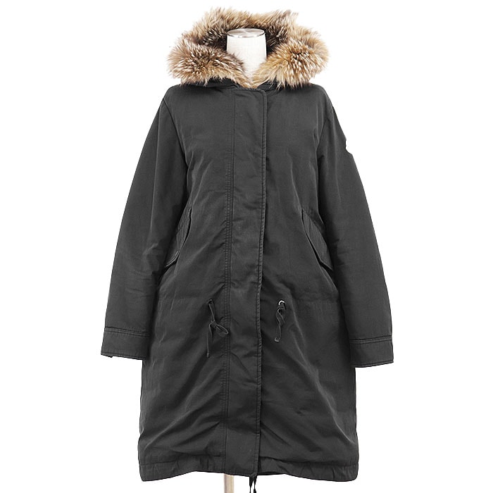 MONCLER モンクレール ダウンコート レディース サイズ 1 VERONIKA GIUBOTTO フォックスファー ポリエステル × コットン ロゴ パッチ コミックラベル ジャケット アウター ブラック 黒 ハンガリー製