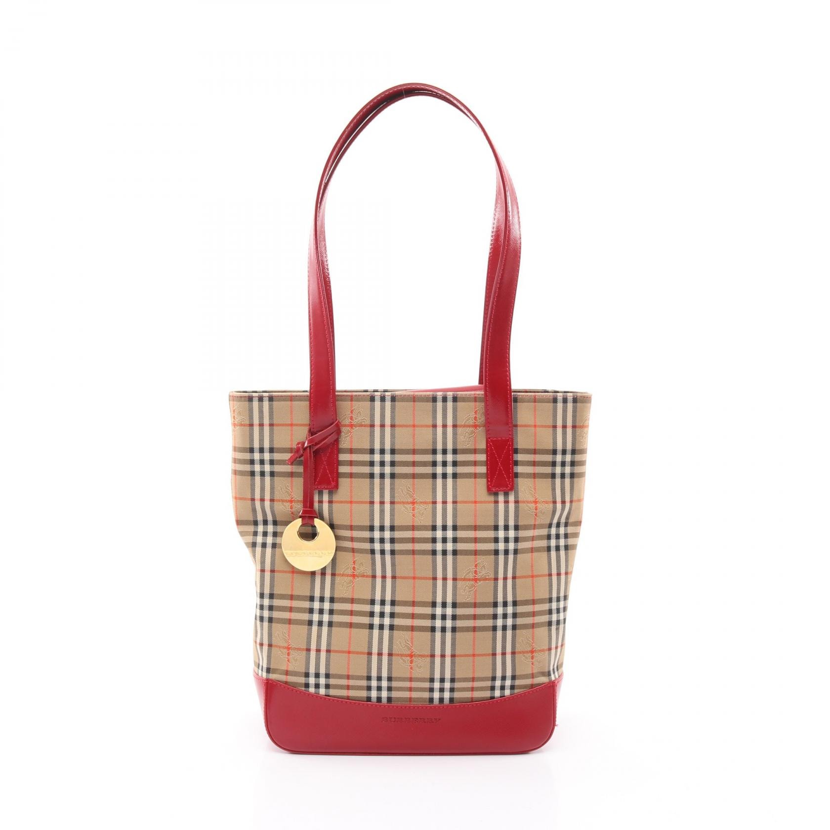 バーバリー BURBERRY ヘイマーケットチェック トートバッグ バッグ キャンバス レザー レディース ベージュ系 / レッド系 【中古】