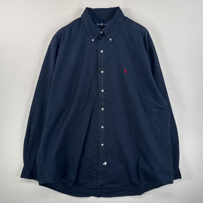 古着 ラルフローレン RALPH LAUREN 長袖シャツ ボタンダウンシャツ ワンポイント 刺繍 ロゴ 大きいサイズ XL ネイビー 無地 メンズ