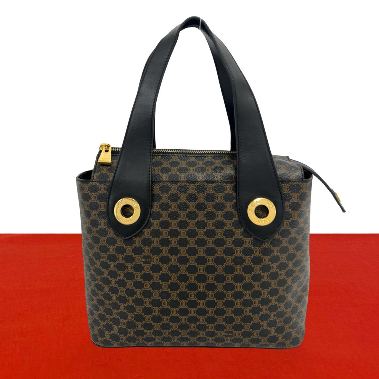 CELINE セリーヌ サークルロゴ 金具 マカダム 柄  レザー PVC ハンドバッグ ブラウン
 67365