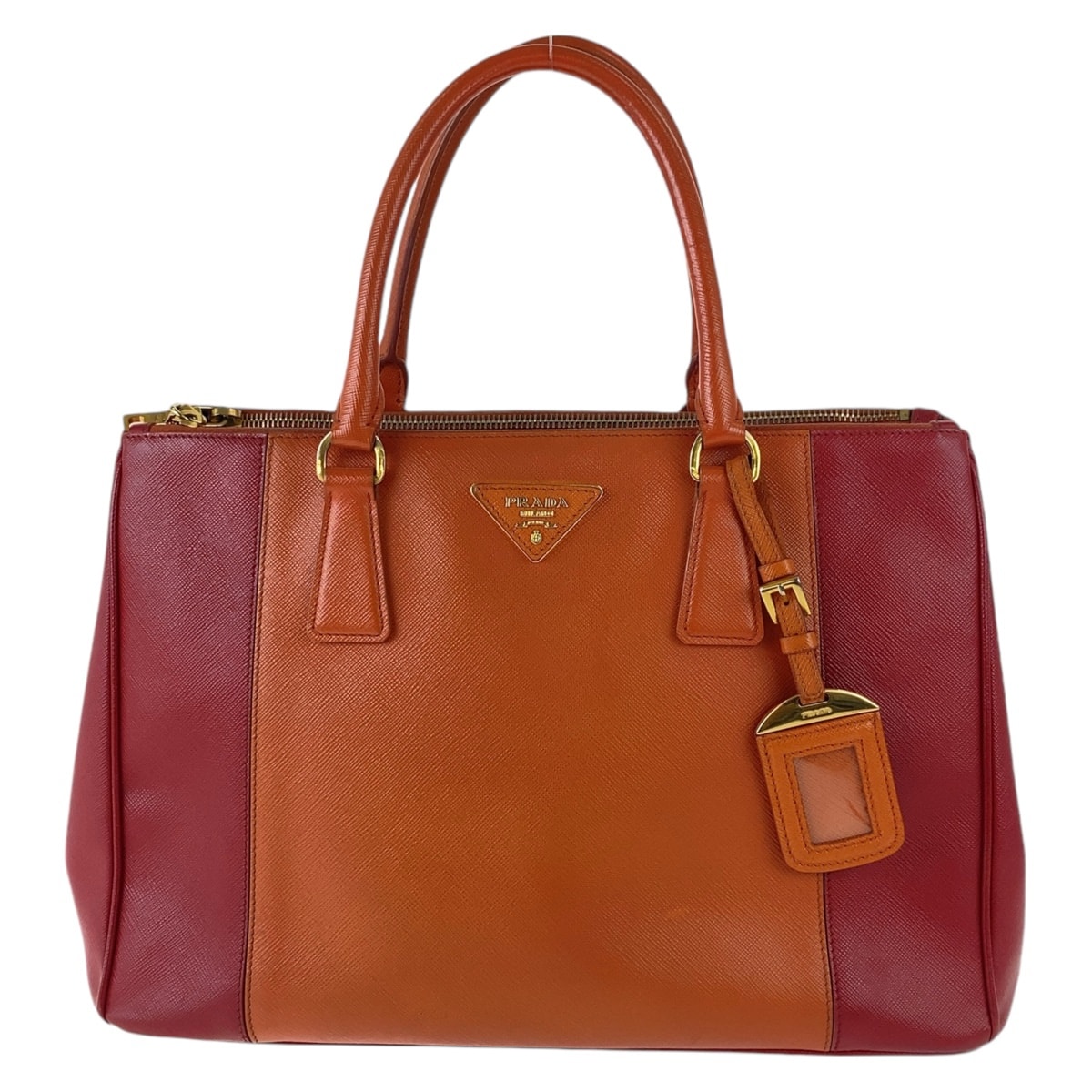 PRADA プラダ サフィアーノ 三角ロゴプレート オレンジ レッド バイカラー ゴールド金具 レザー ハンドバッグ トートバッグ 504554 【中古】