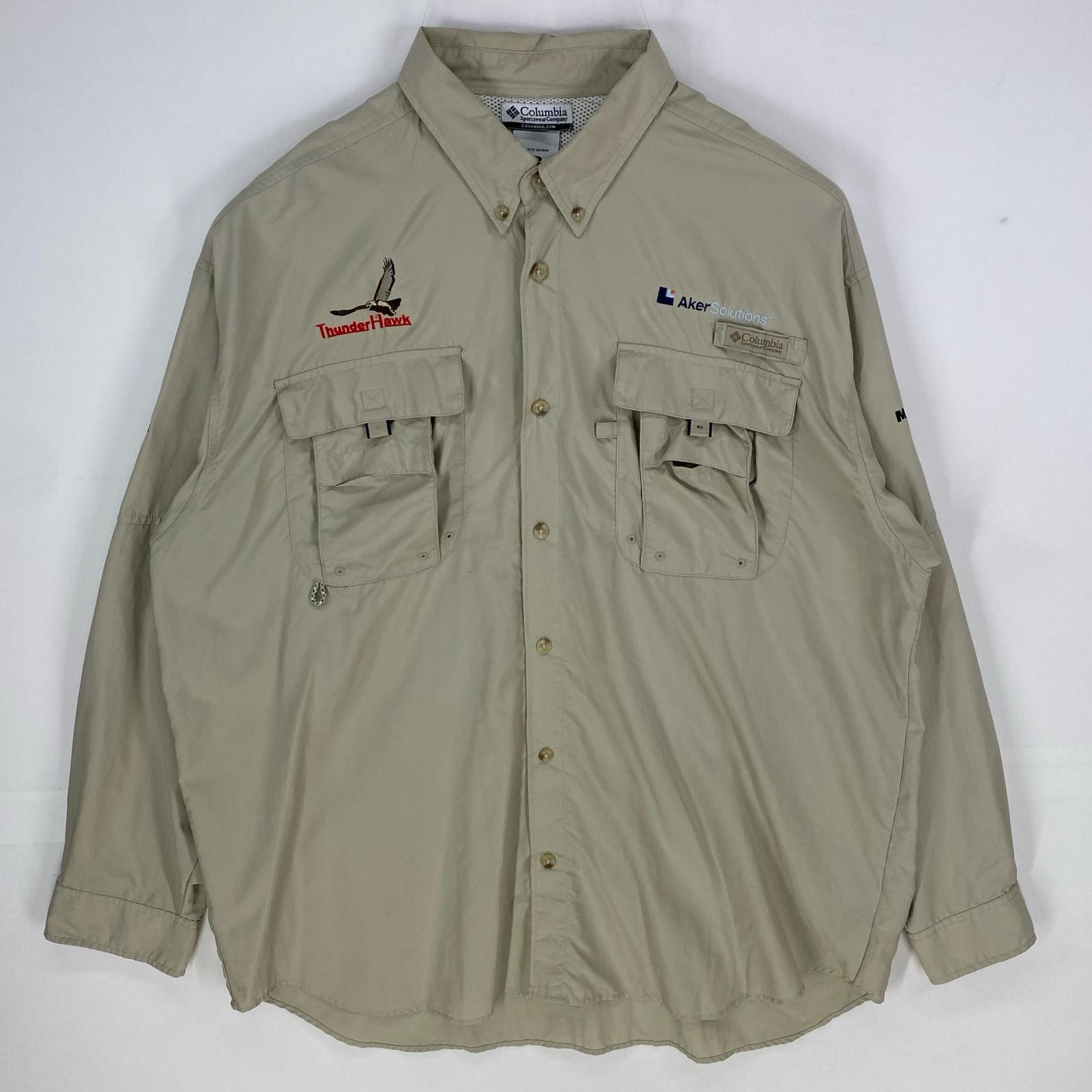 古着 コロンビア Columbia 長袖シャツ PFG フィッシング 刺繍ロゴ 胸ポケット 大きいサイズ XL  ベージュ系 メンズ