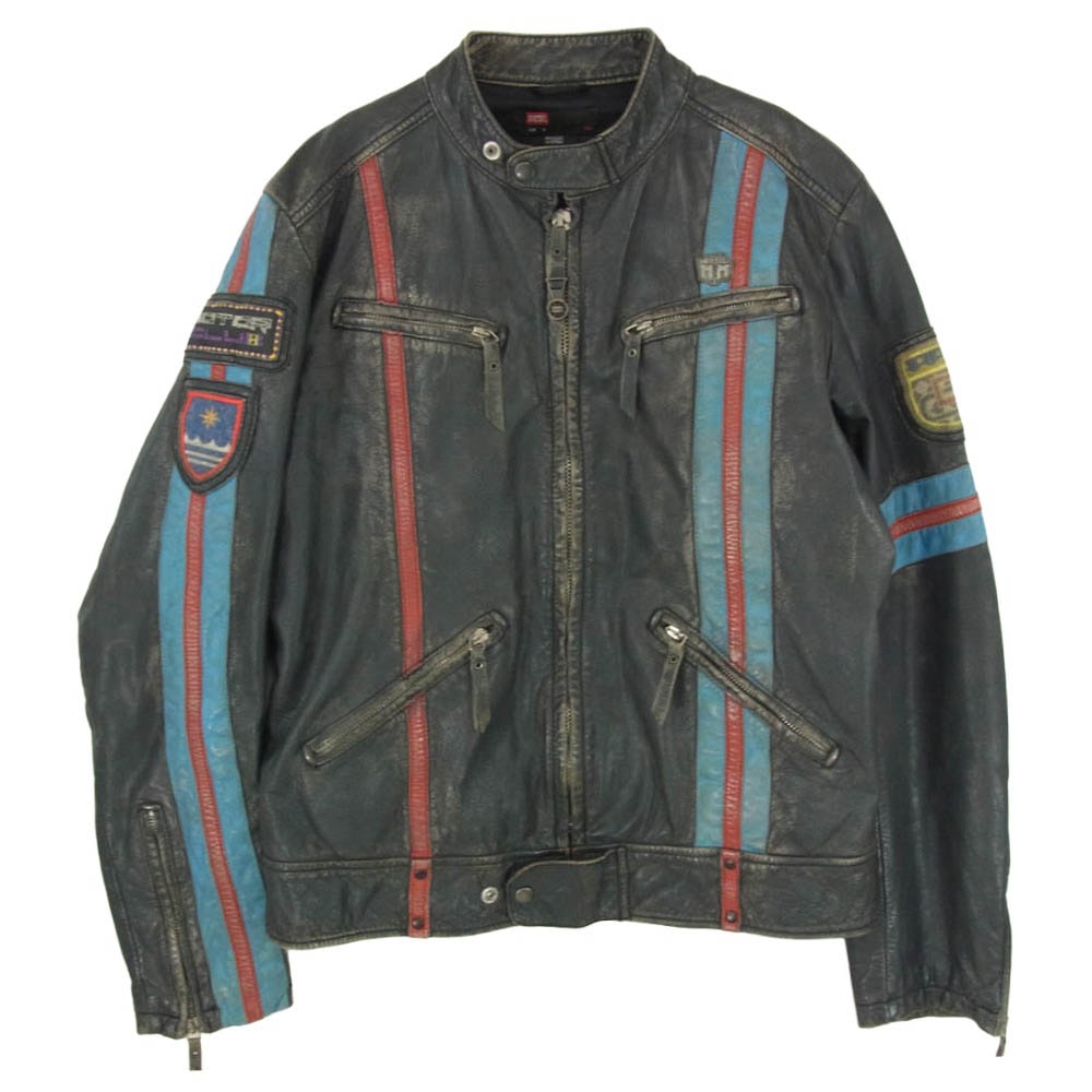 DIESEL ディーゼル 00s レーシング ストライプ ラムレザー シングル ライダース ジップアップ レザージャケット ブラック系 ライトブルー系 M【中古】