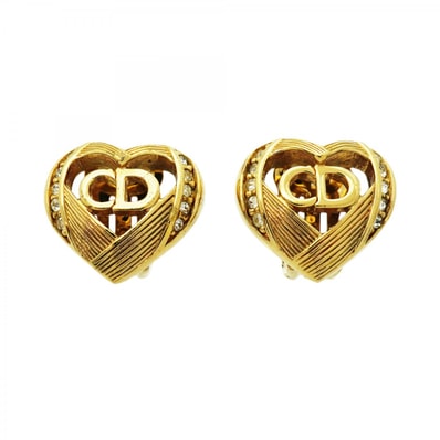 ★SALE【6jcb0645】クリスチャンディオール イヤリング CDロゴ ハートモチーフ GPメッキ ラインストーン ゴールド【中古】レディース