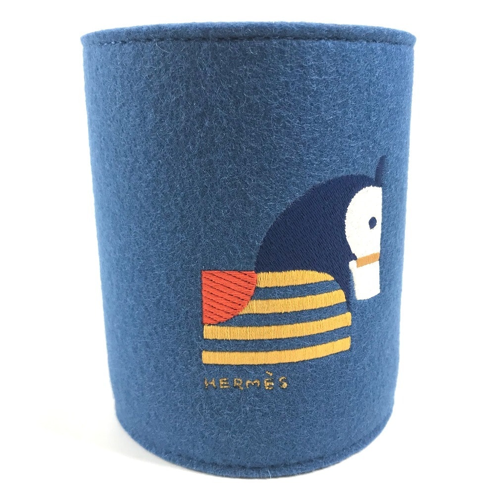 エルメス HERMES ペン立て  アニモー ブロック インテリア ペン立て 刺繍 小物入れ フェルト ブルー ナティエ ブルー 未使用