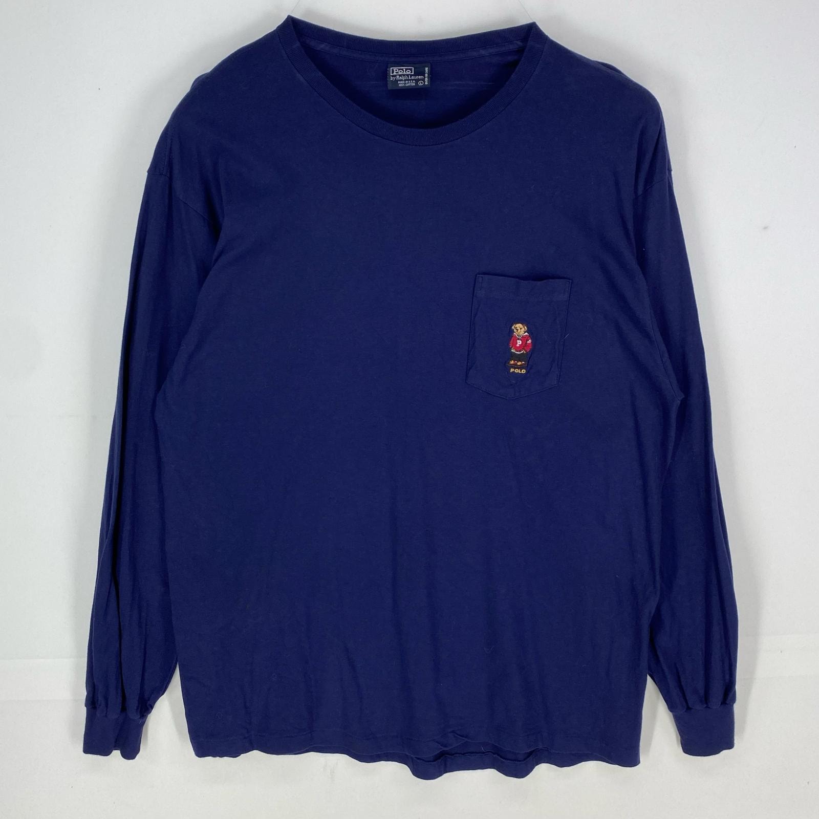古着 ポロバイラルフローレン Polo by Ralph Lauren USA製 長袖Tシャツ ポロベア 刺繍 胸ポケット L ネイビー系 メンズ
