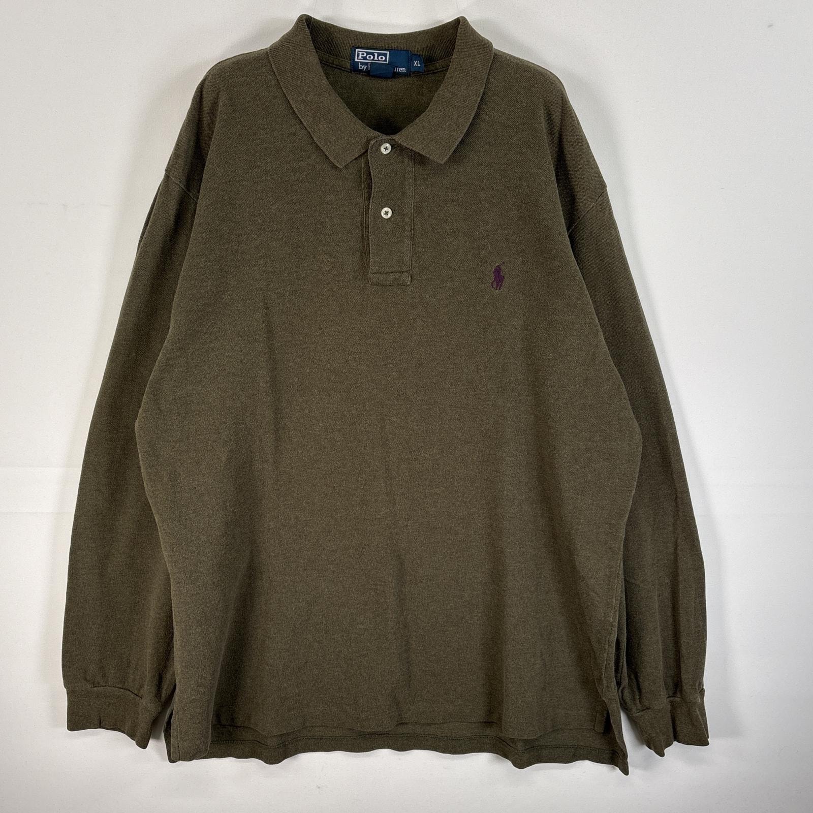 古着 90's/90年代 ポロバイラルフローレン Polo by Ralph Lauren 長袖 ポロシャツ ロゴ 刺繍 大きいサイズ 2ボタン XL  カーキ 無地 メンズ