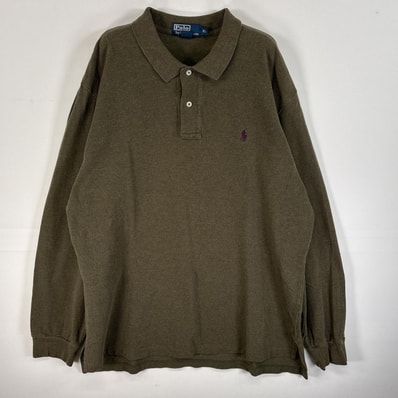 古着 90's/90年代 ポロバイラルフローレン Polo by Ralph Lauren 長袖 ポロシャツ ロゴ 刺繍 大きいサイズ 2ボタン XL カーキ 無地 メンズ