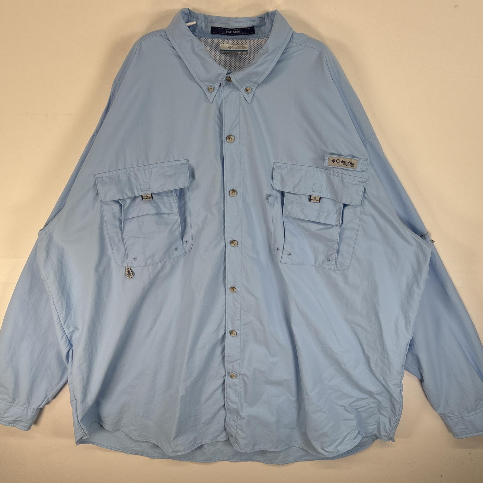 古着 コロンビア Columbia 長袖シャツ PFG フィッシングギア フラップポケ 3XT  水色 無地 メンズ