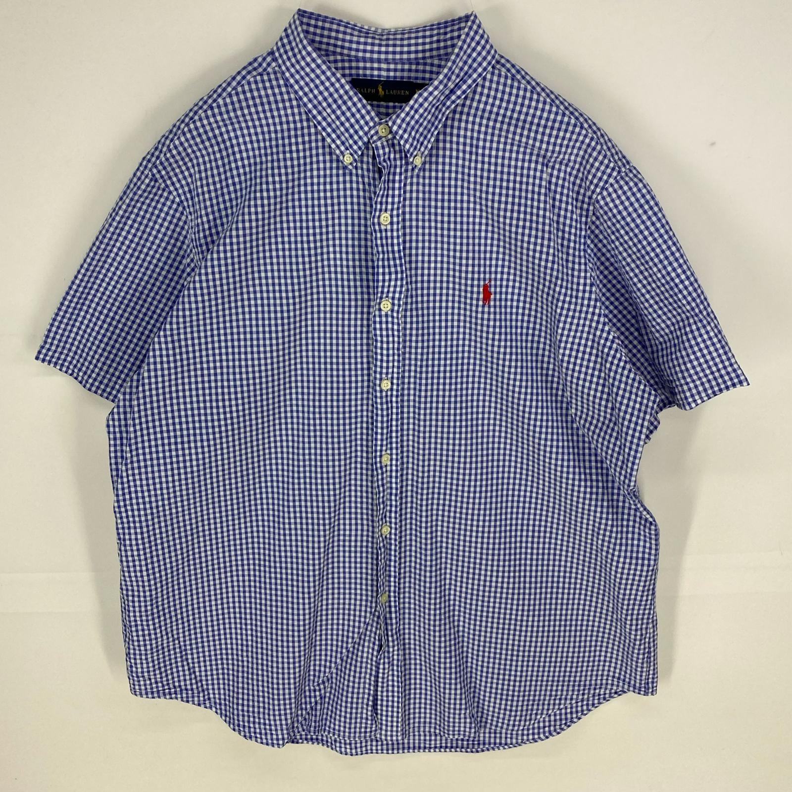 古着 ラルフローレン RALPH LAUREN 半袖シャツ ボタンダウン ワンポイント ギンガムチェック 2XL  ブルー系 チェック メンズ