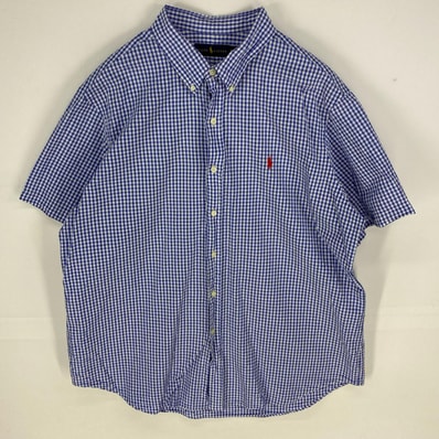 古着 ラルフローレン RALPH LAUREN 半袖シャツ ボタンダウン ワンポイント ギンガムチェック 2XL ブルー系 チェック メンズ