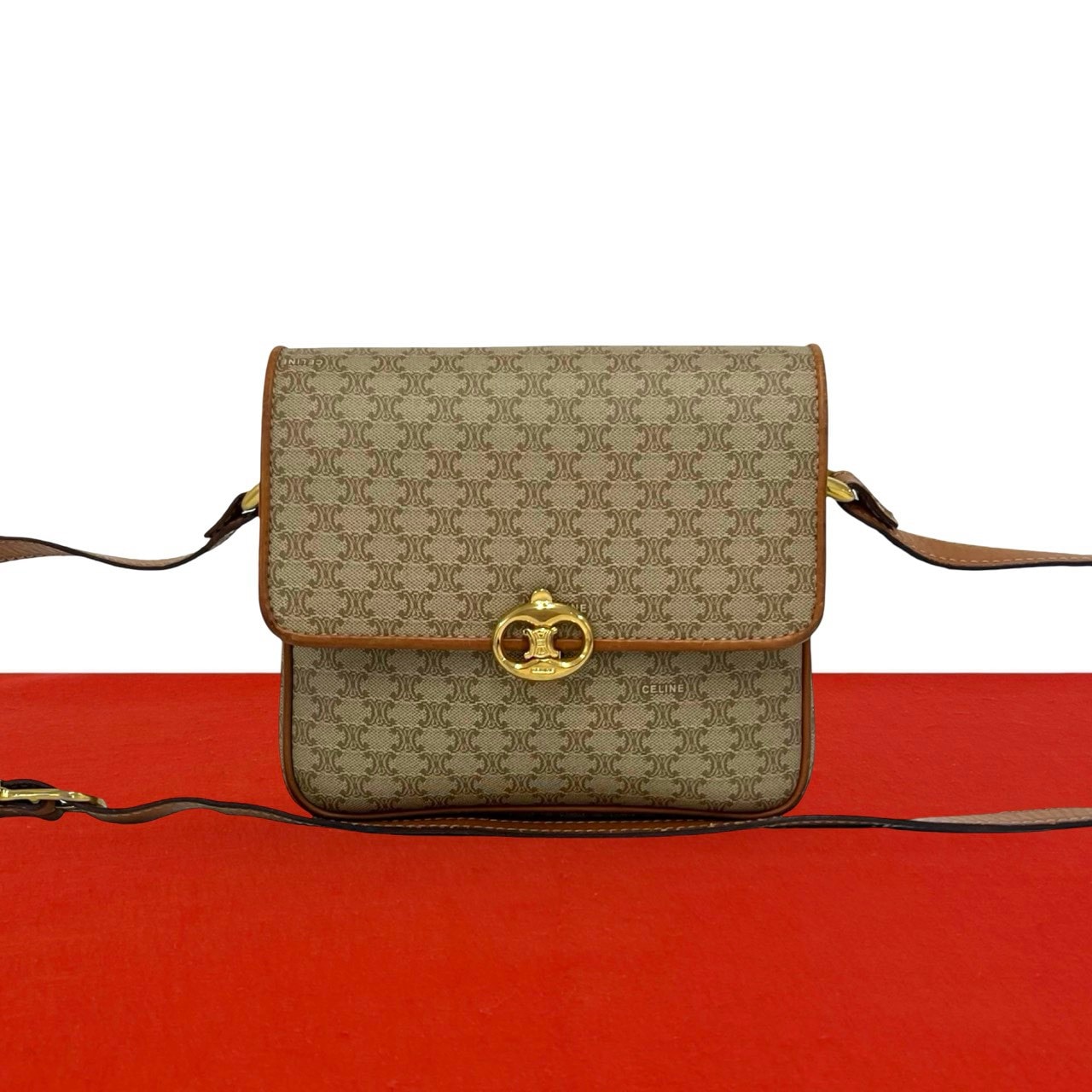 CELINE セリーヌ トリオンフ 柄 ロゴ 金具 レザー PVC ショルダーバッグ ベージュ
 22960