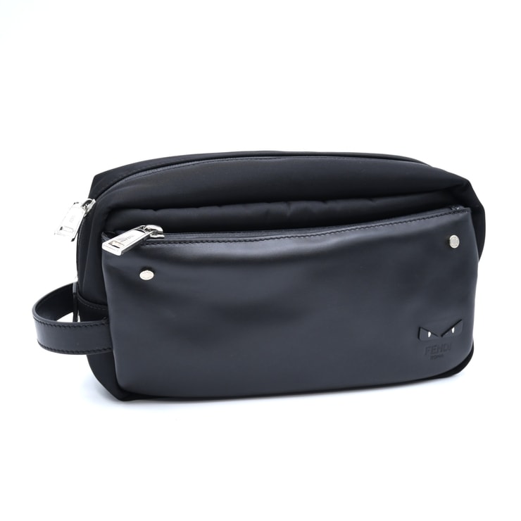 FENDI(フェンディ)バグズアイ ビューティポーチ セカンドバッグ クラッチバッグ ブラック ナイロン レザー シルバー金具 7N0088【中古】