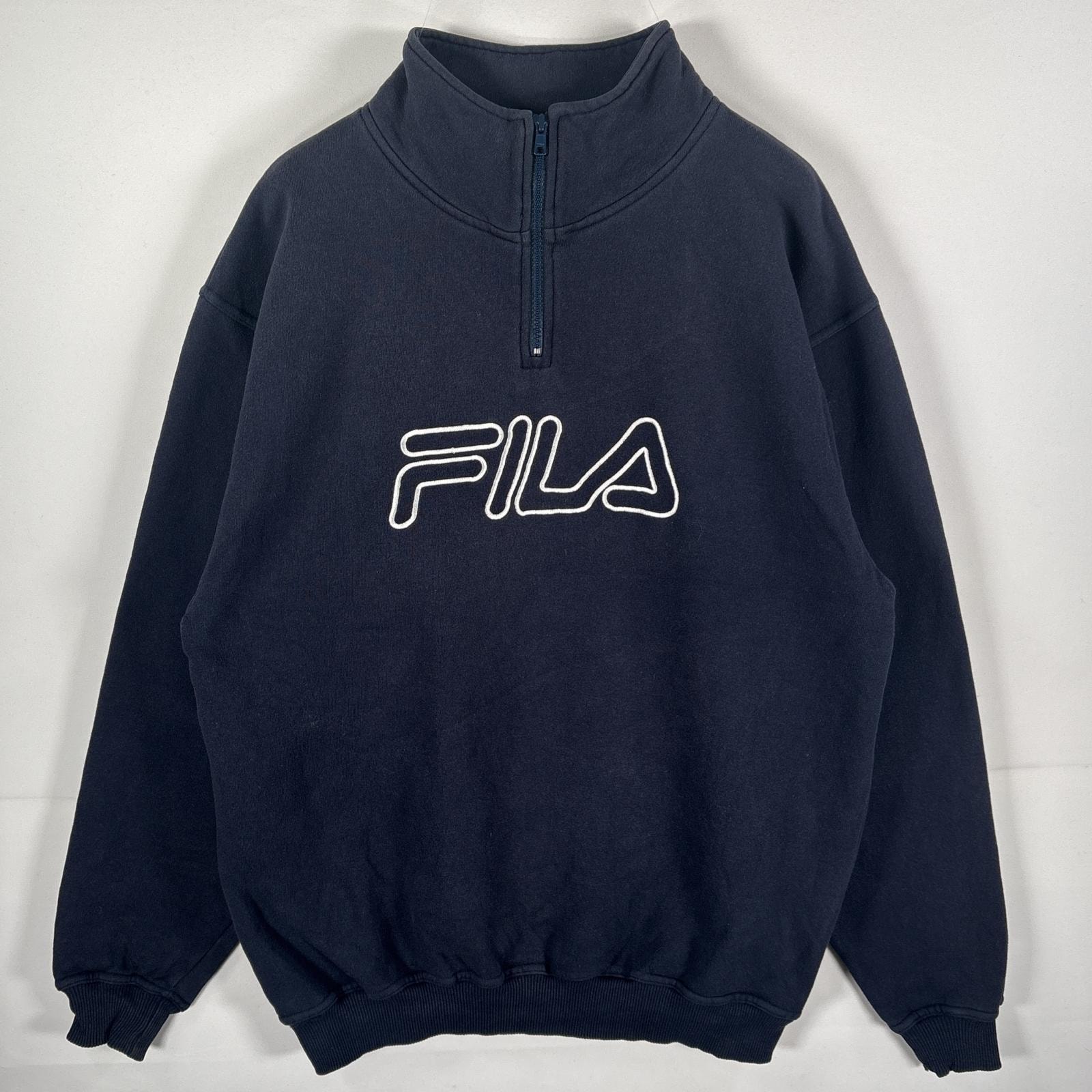 古着 フィラ FILA スウェット ハーフジップ 刺繍ロゴ ビッグサイズ ビッグブランドロゴ  ネイビー メンズ
