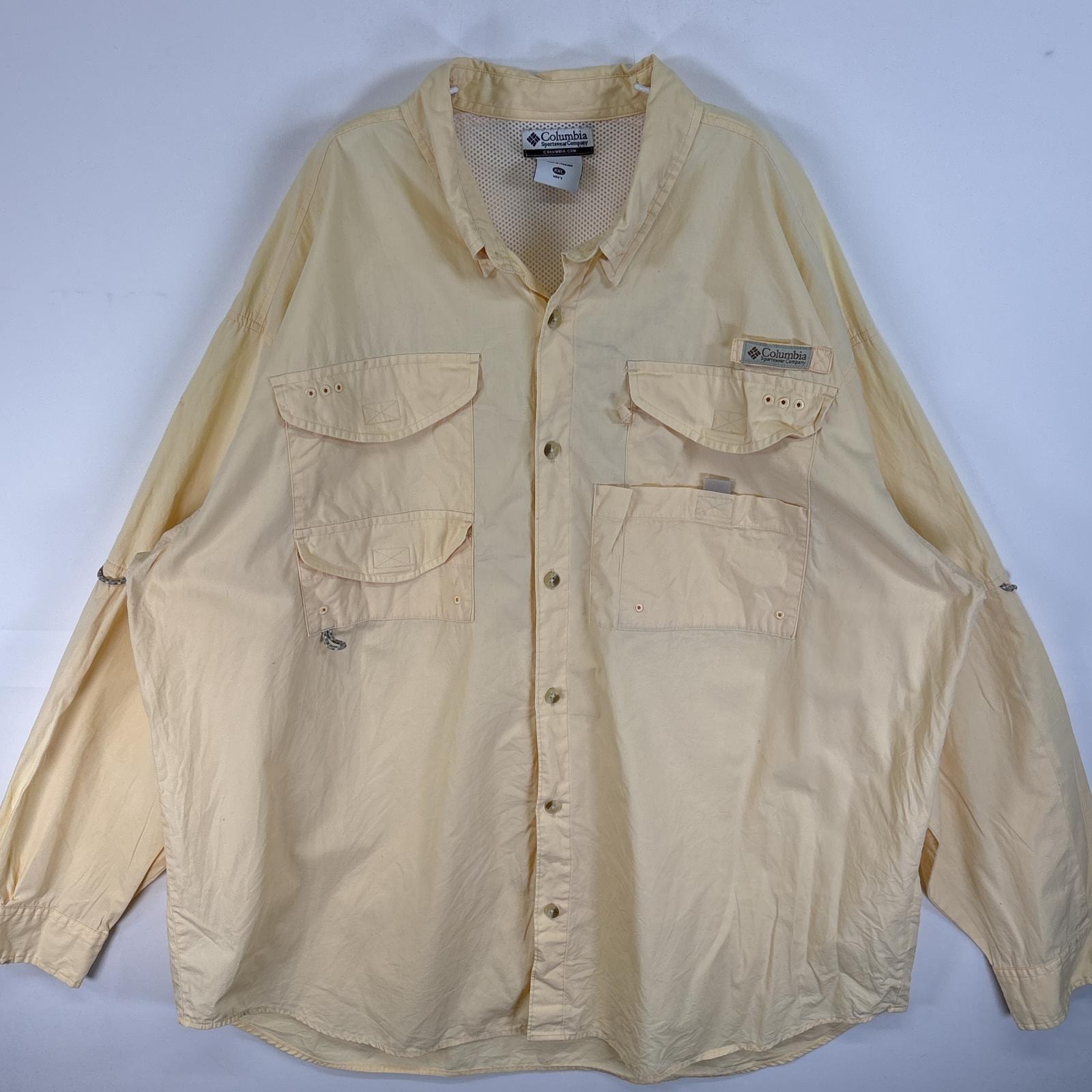 古着 コロンビア Columbia 長袖シャツ PFG フィッシングギア ワンポイント ロゴ 14041 イエロー 無地 メンズ