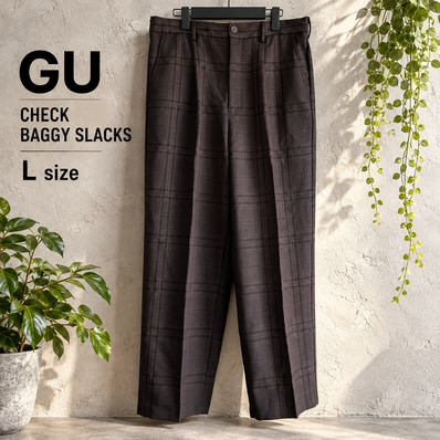 GU チェック バギースラックス L ワイドパンツ ダークブラウン