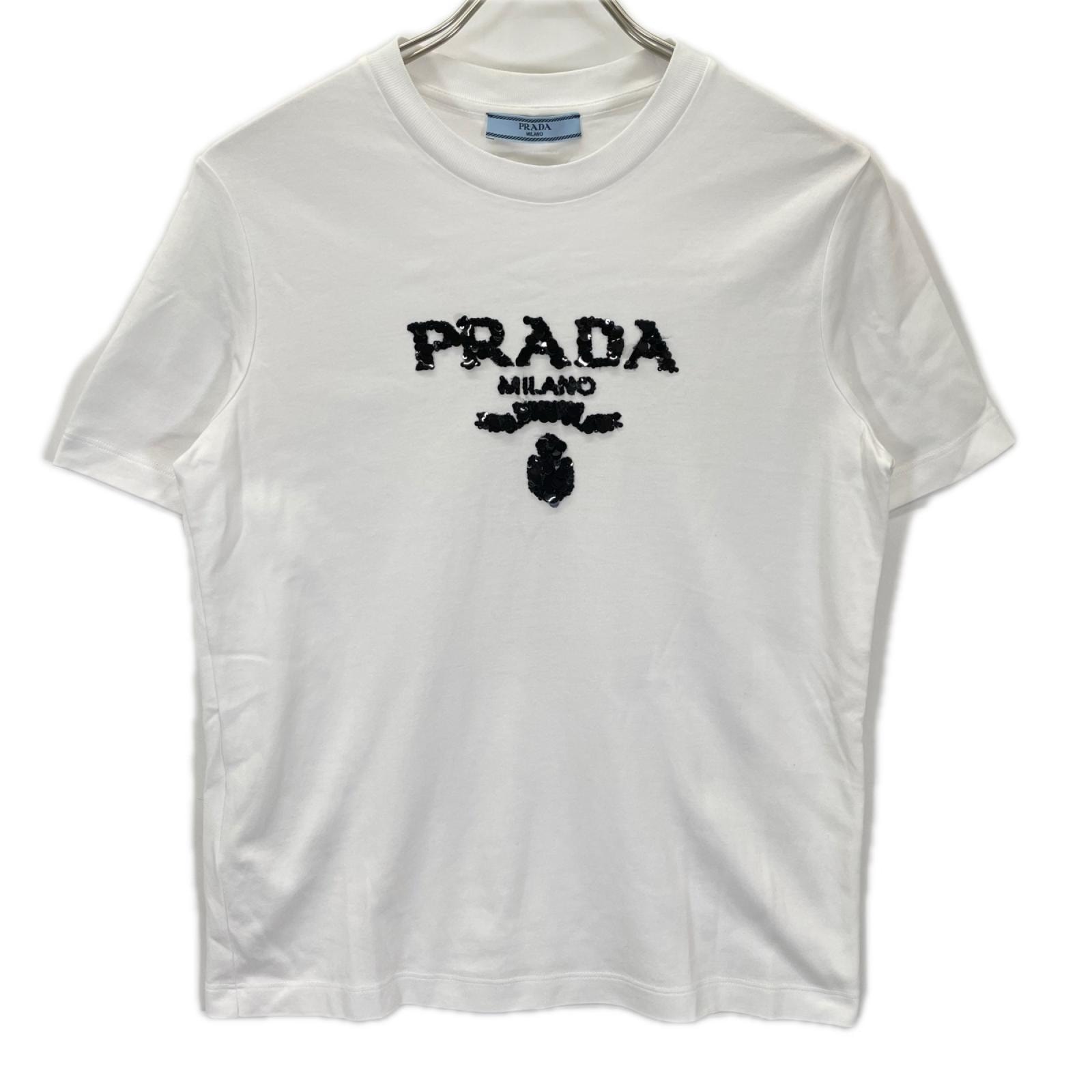 プラダ 23年製 35838R ホワイト スパンコールロゴ 半袖Tシャツ S