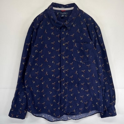 古着 トミーヒルフィガー TOMMY HILFIGER 長袖シャツ ボタンダウン コーデュロイ 総柄 大きいサイズ アニマル 2XL ネイビー メンズ