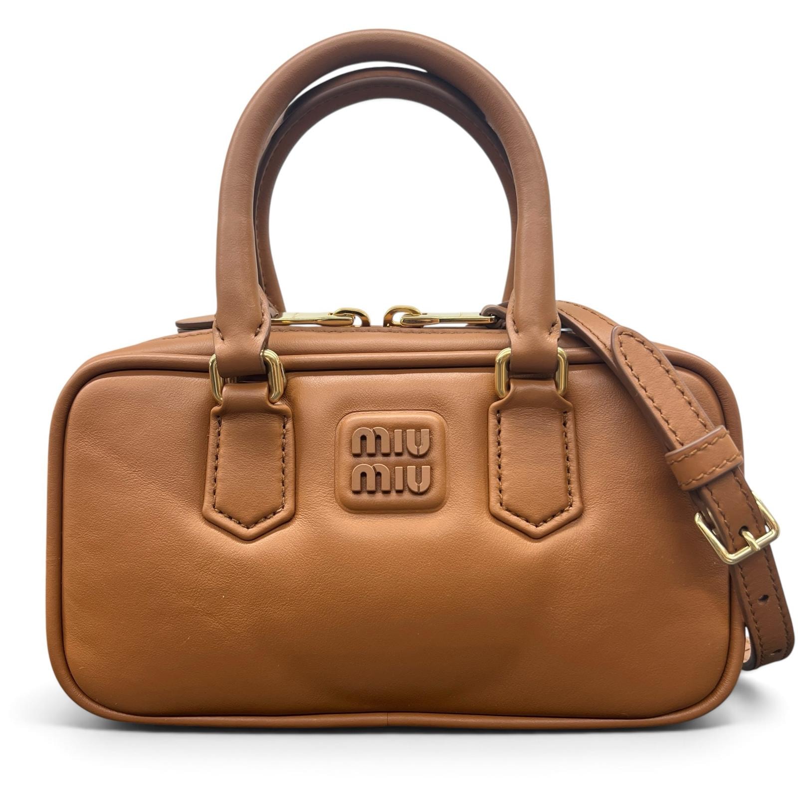 miumiu 極美品 ミュウミュウ アルカディ レザー ミニバッグ パデット 2way ハンドバッグ ショルダーバッグ 5BP088 ICチップ確認済 レザー コニャックブラウン ポシェット ロゴ Aランク 中古 鑑定済 ミュウミュウバッグ