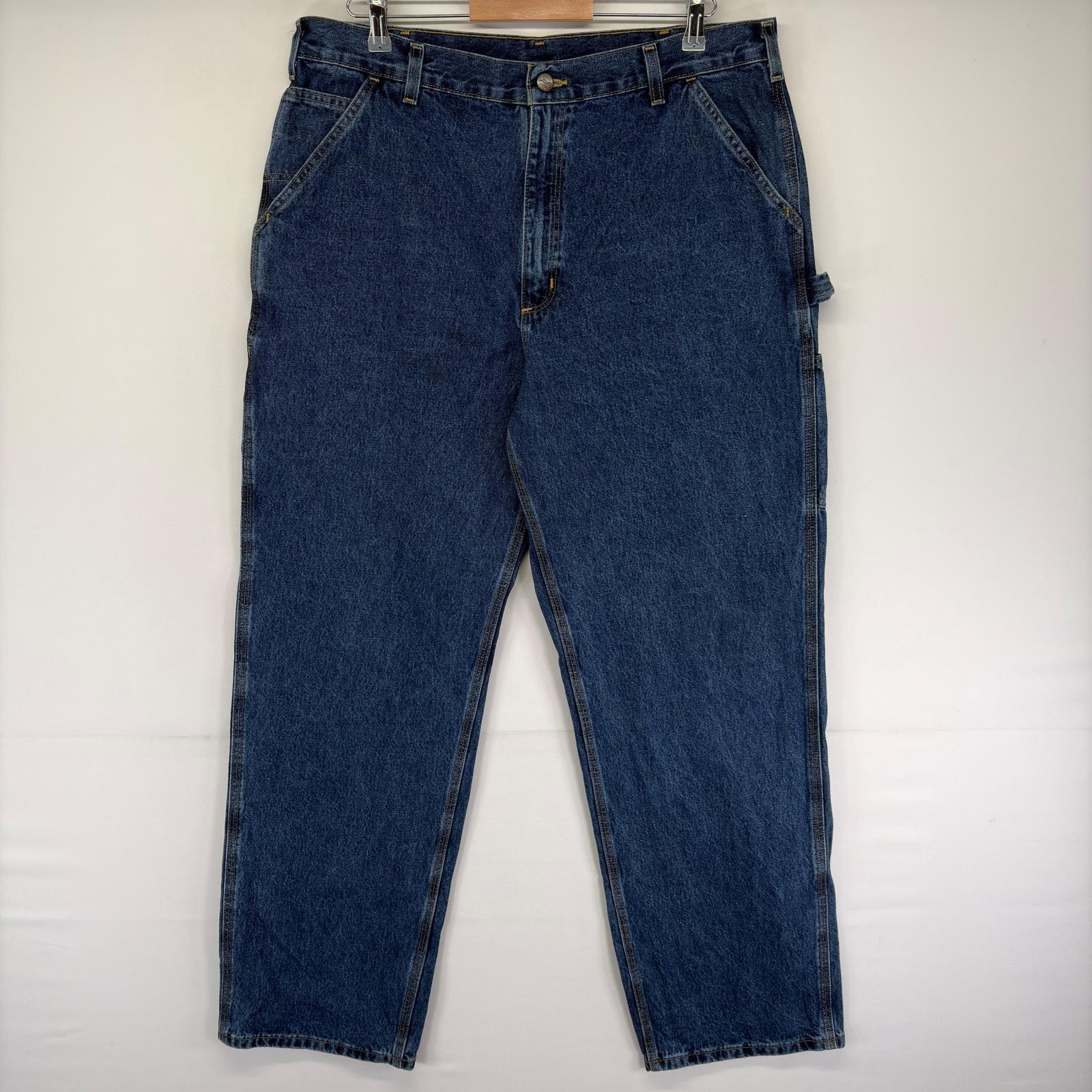 古着 カーハート Carhartt デニム パンツ ワンポイントロゴ スパナポケット ジップフライ ハンマーループ w38 L34  ブルー系 メンズ