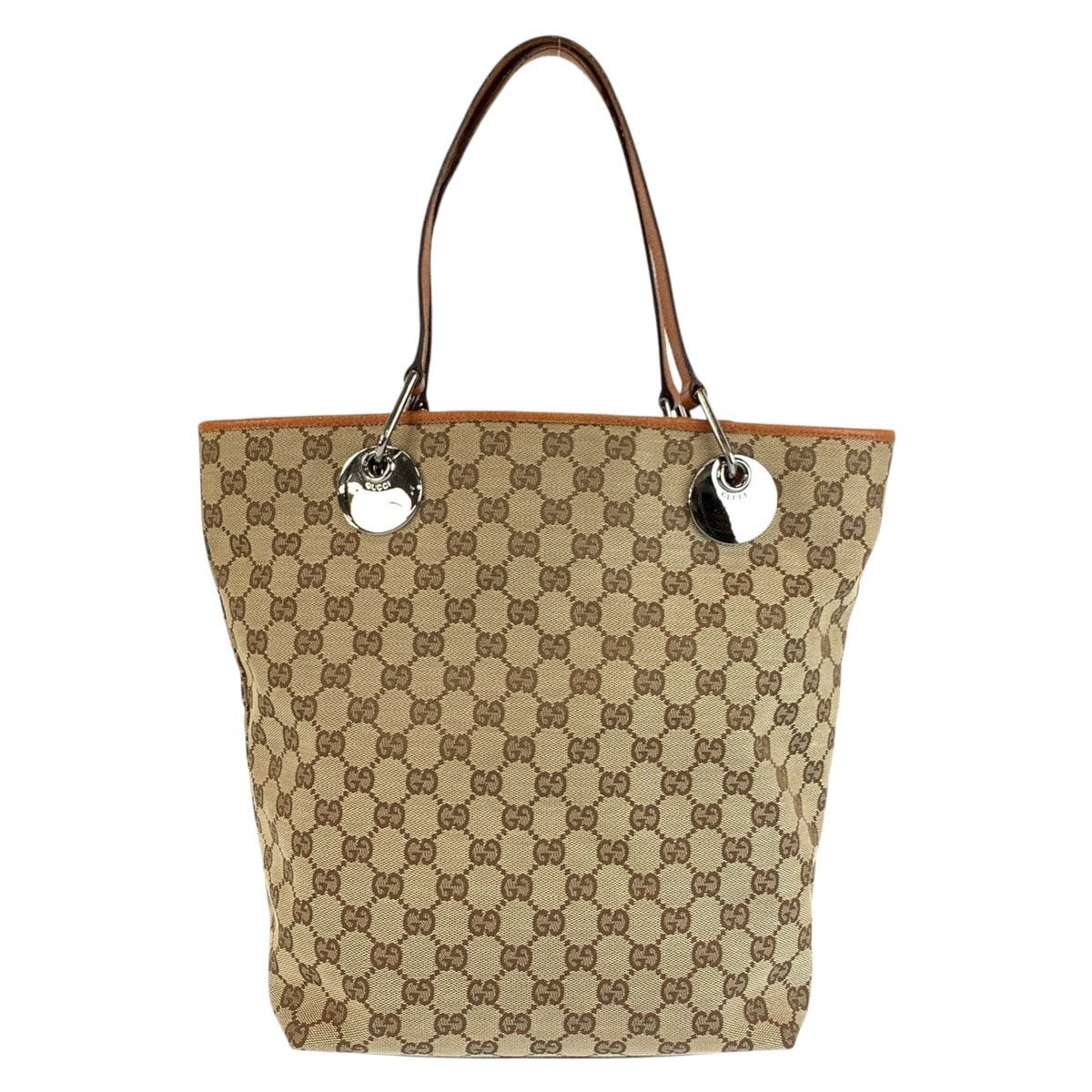 美品 GUCCI グッチ ベージュ ブラウン シルバー金具 GGキャンバス レザー/ トートバッグ ショルダーバッグ 604685 【中古】