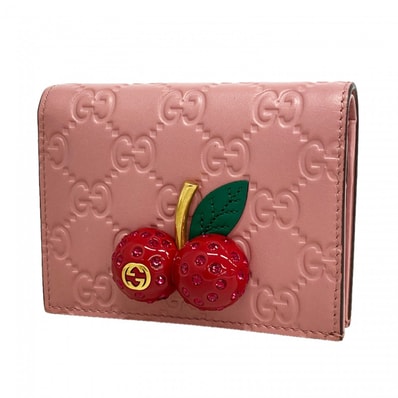 【6ga0615-k】グッチ 財布 グッチシマ チェリー 476050 レザー ピンク ゴールド金具【中古】レディース