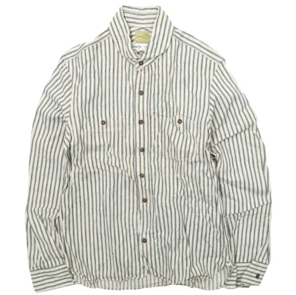 SUGAR CANE x BEAMS BOY 別注 SUGAR CANE FIBER SHIRTS シュガーケーンファイバー ラウンドカラーワークシャツ 13-11-0677-086 Natural/Indigo ストライプ TOYO 東洋エンタープライズ
