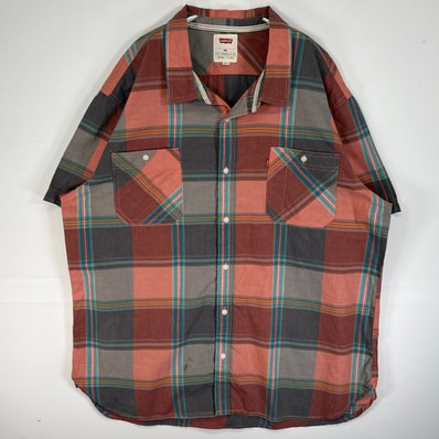 古着 リーバイス Levi's 半袖シャツ ロゴ 大きいサイズ チェック 3XL オレンジ系 マルチカラー メンズ